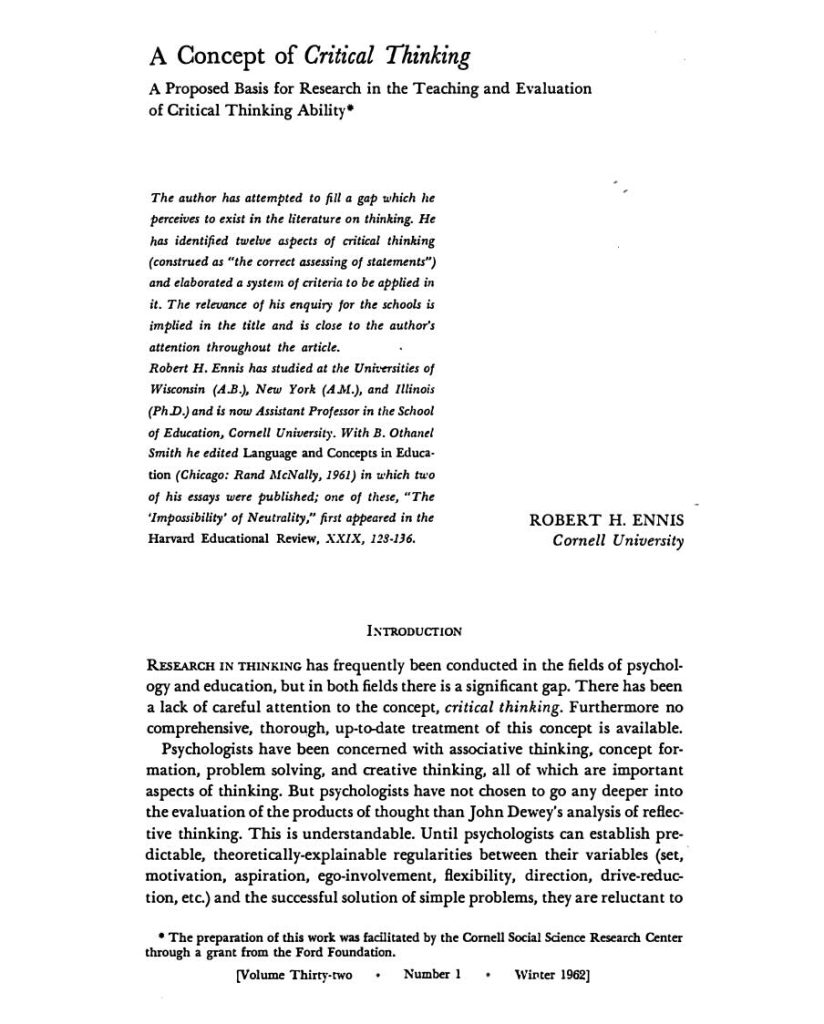 First page of a concept of critical thinking, the 1962 component level definition of critical thinking proposed by Robert H. Ennis