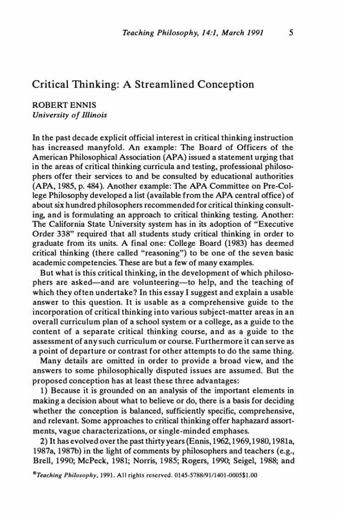 First page of "Critical Thinking: A Streamlined Conception" by Robert H. Ennis in 1991