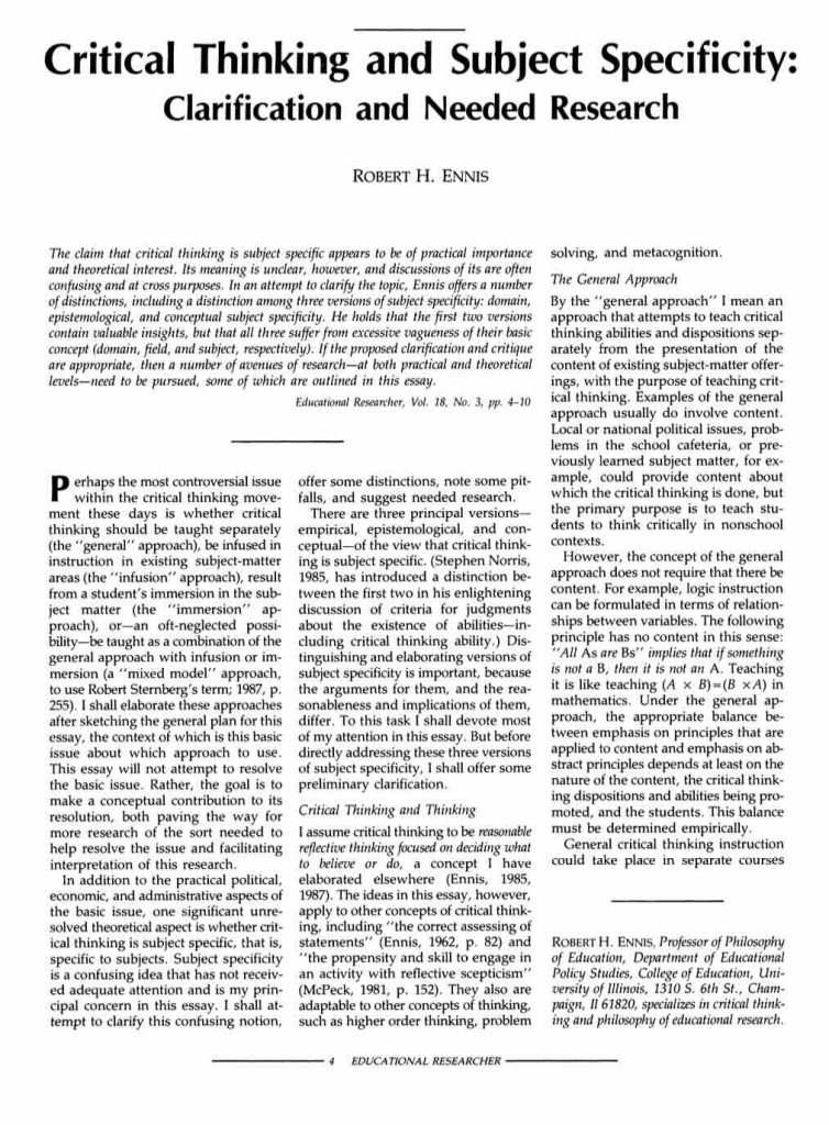 First page of Critical Thinking and Subject Specificity: Clarification and Needed Research